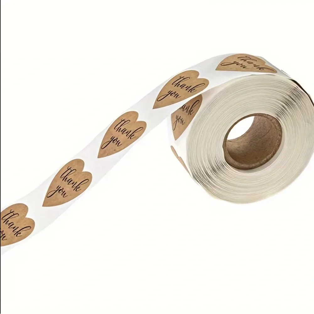 500 qty 1 inch Heart-Shaped Thank You Kraft Sticker Roll Brown New